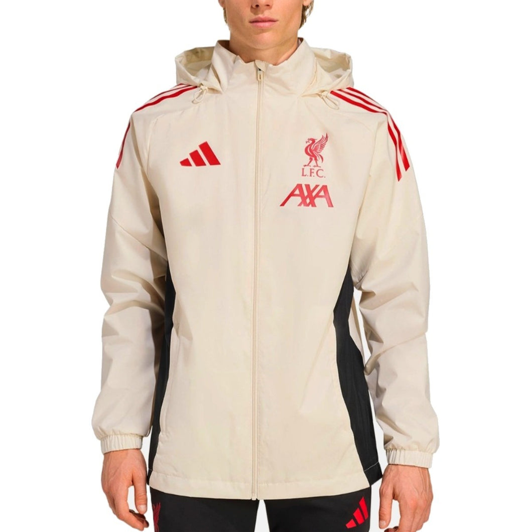 Liverpool FC training rain jacket 2025 with hood and logo for soccer practice in all weather on SoccerTracksuits.com