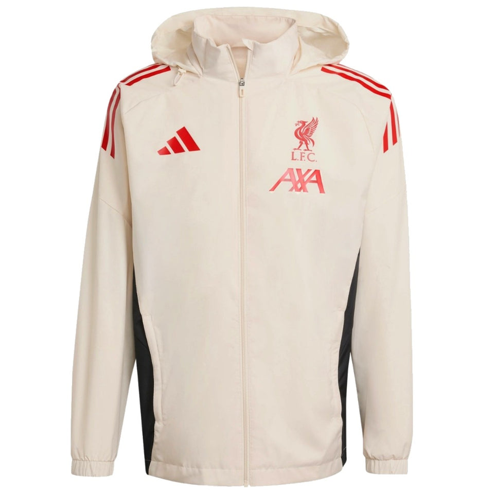 Liverpool FC training rain jacket 2025 in cream with red accents and logo on SoccerTracksuits.com