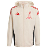 Liverpool FC training rain jacket 2025 in cream with red accents and logo on SoccerTracksuits.com