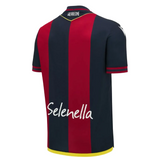 Back view of Bologna FC home jersey 2024 25 navy and red vertical stripes Selenella sponsor and yellow hem