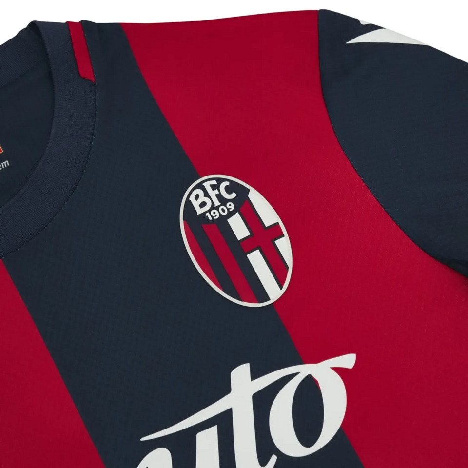Bologna FC home jersey 2024 25 close up red and navy vertical stripes with BFC 1909 crest and sponsor logo