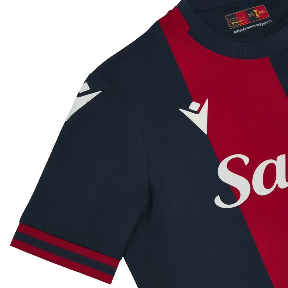 Bologna FC home jersey 2024 25 navy and red closeup showing V chest panel sponsor print and sleeve stripes