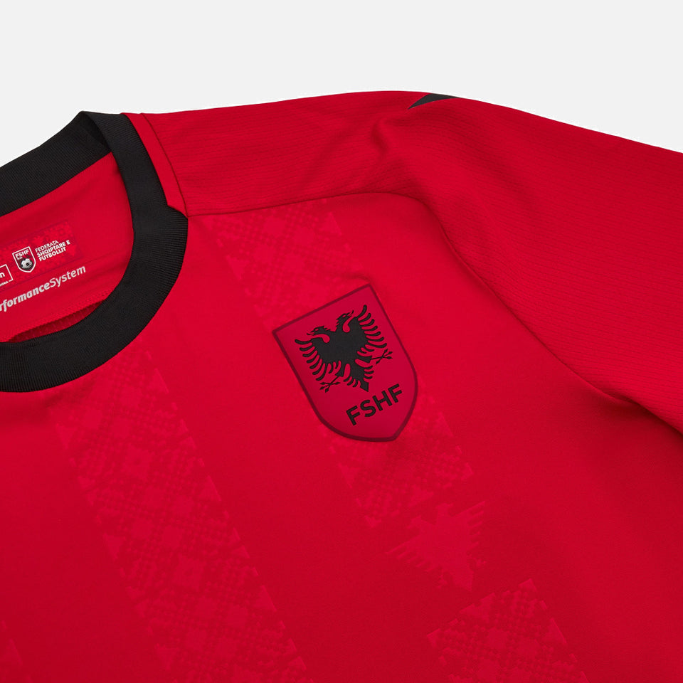 Red Albania national team soccer jersey close up with FSHF crest and black collar buy Albania soccer jersey online