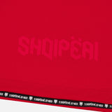 Close up of red Albania soccer jersey hem showing Shqiperi text and black trim details buy Albania soccer jersey online