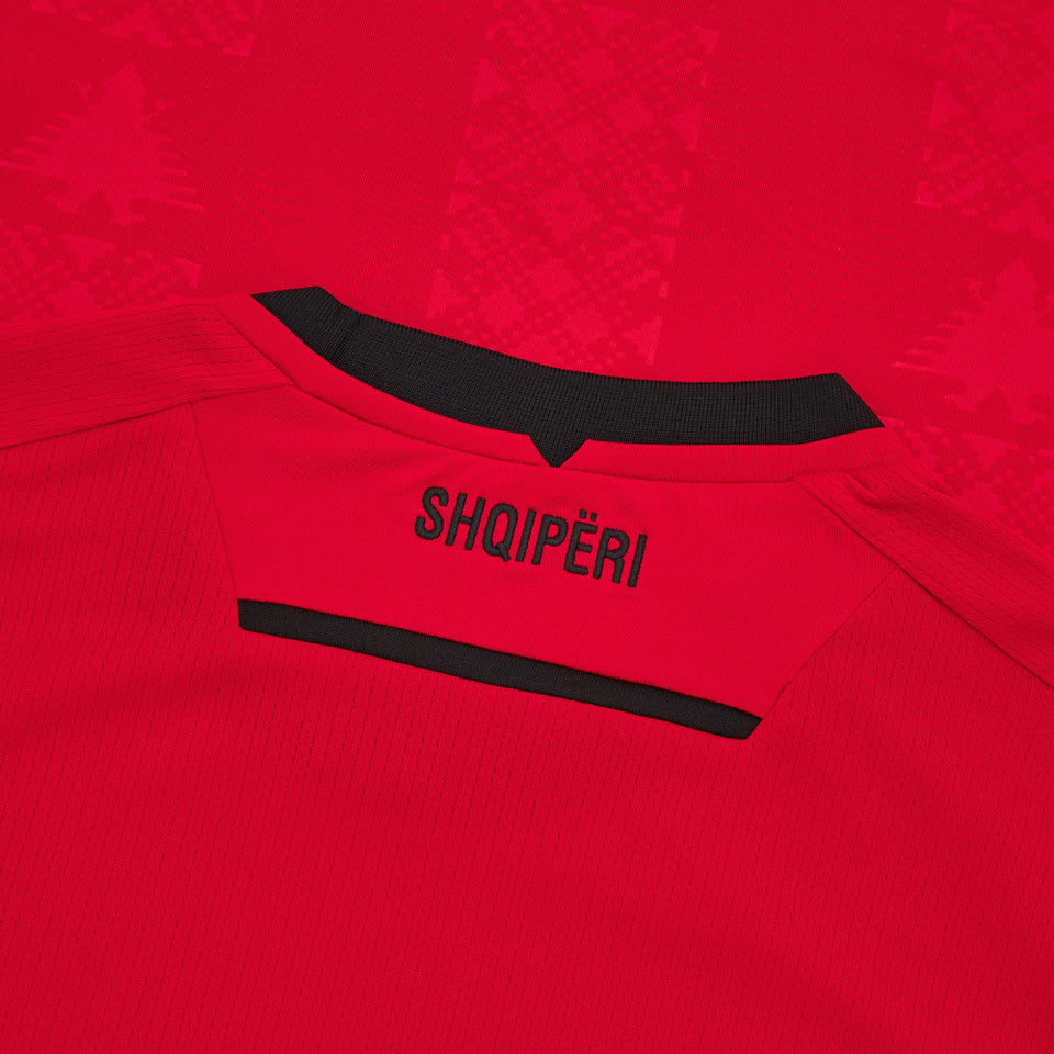 Red Albania soccer jersey back with SHQIPERI lettering and black collar detail buy Albania soccer jersey online