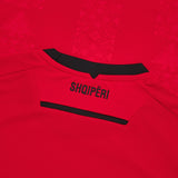 Red Albania soccer jersey back with SHQIPERI lettering and black collar detail buy Albania soccer jersey online
