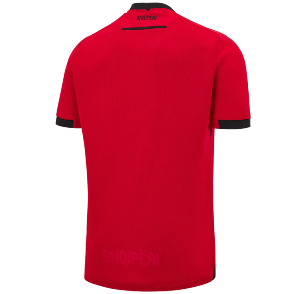 Back view of red Albania soccer jersey with black collar and sleeve trim showing Shqiperi text buy Albania soccer jersey online