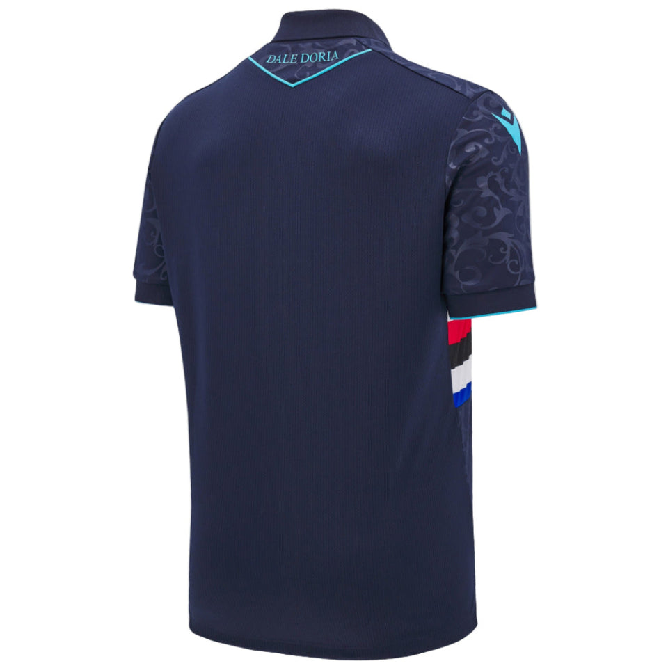 Back view Macron Sampdoria soccer jersey in navy with patterned sleeves and classic Sampdoria side stripes