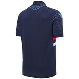 Back view Macron Sampdoria soccer jersey in navy with patterned sleeves and classic Sampdoria side stripes