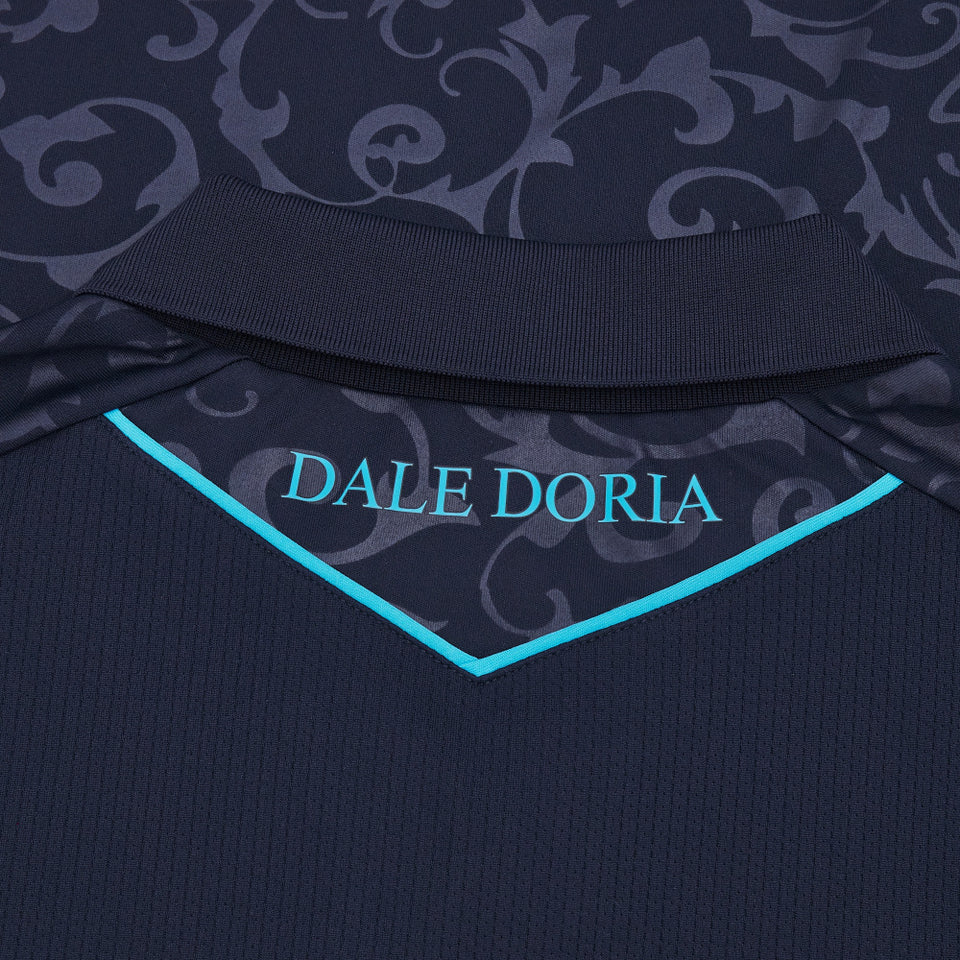 Macron Sampdoria soccer jersey navy back collar detail with Dale Doria text and light blue chevron trim