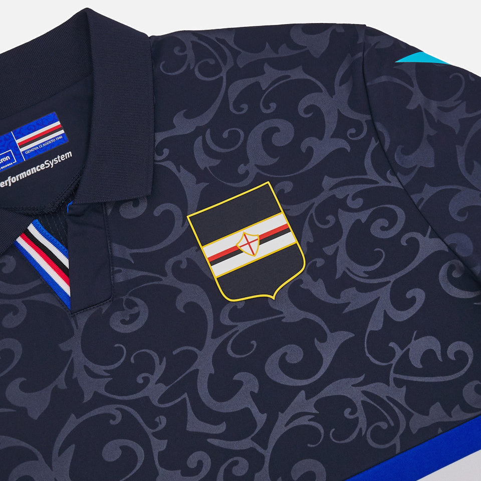 Macron Sampdoria soccer jersey navy with tonal baroque pattern collared neck and embroidered crest
