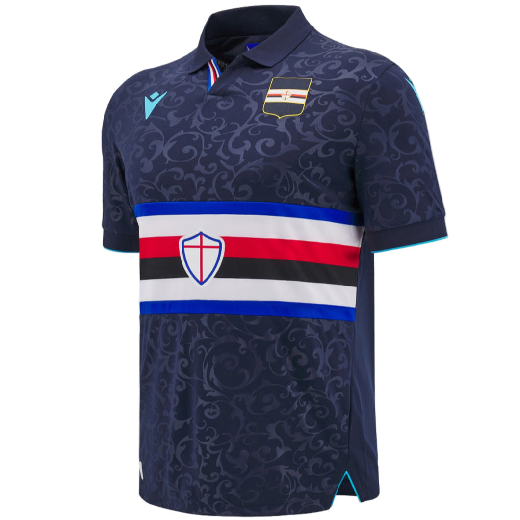 Macron Sampdoria soccer jersey navy polo shirt with blue red black chest band and club crest