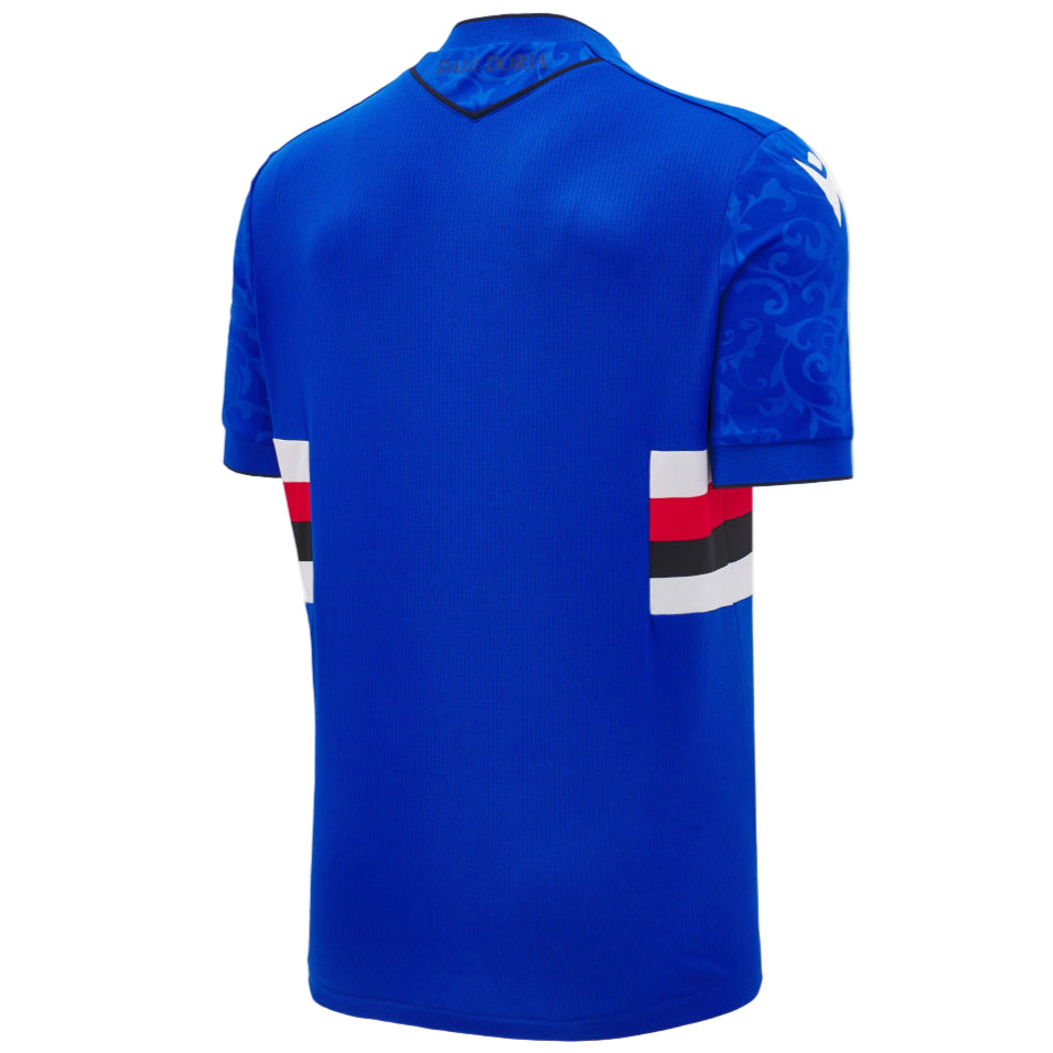 Back view of blue UC Sampdoria home jersey 2024 25 with white red and black side bands