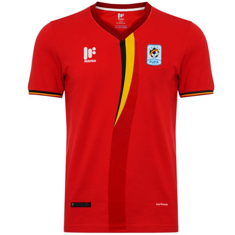 Red Uganda national team short sleeve V neck shirt with FUFA crest and yellow black stripe Uganda soccer jersey for sale