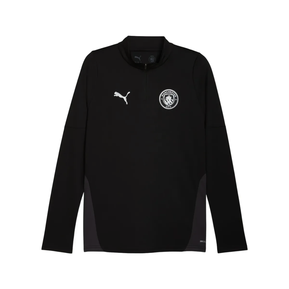 Manchester City black training top 2025 with long sleeves and Puma logo for stylish training sessions