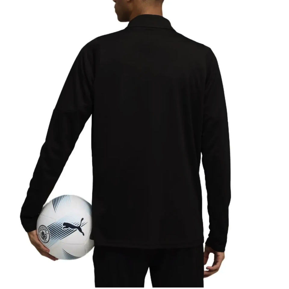 Manchester City black training tracksuit 2025 worn by a player holding a soccer ball