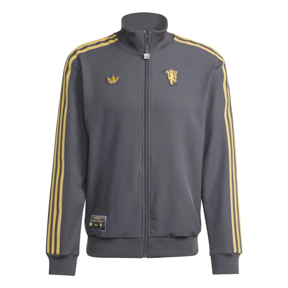 Men's grey Manchester United Adidas Originals tracksuit jacket with gold stripes and logo detail