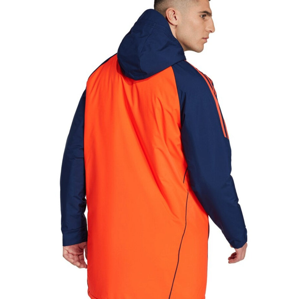 Back view of the Manchester United Adidas parka jacket in bright orange and navy colors