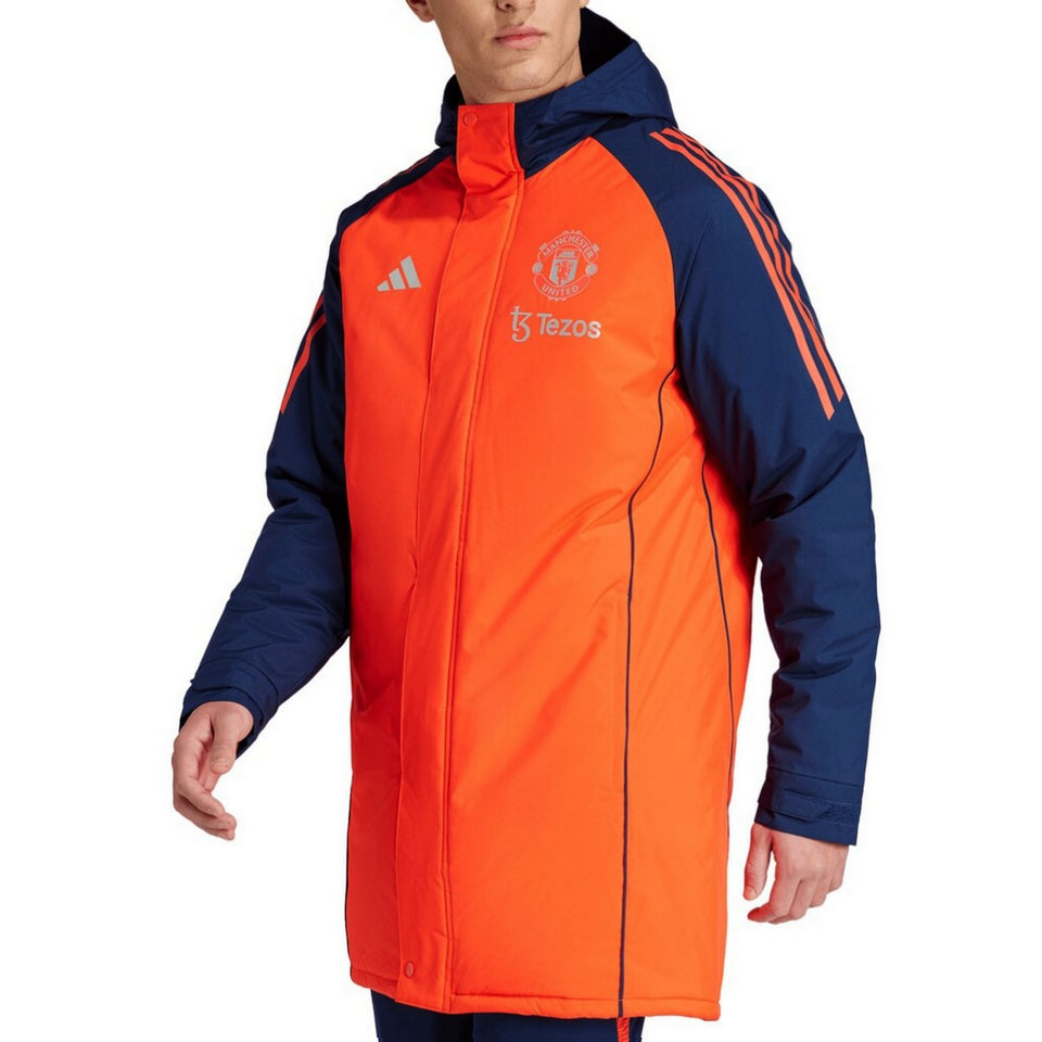 Manchester United Adidas parka jacket in vibrant orange and navy for fans and players