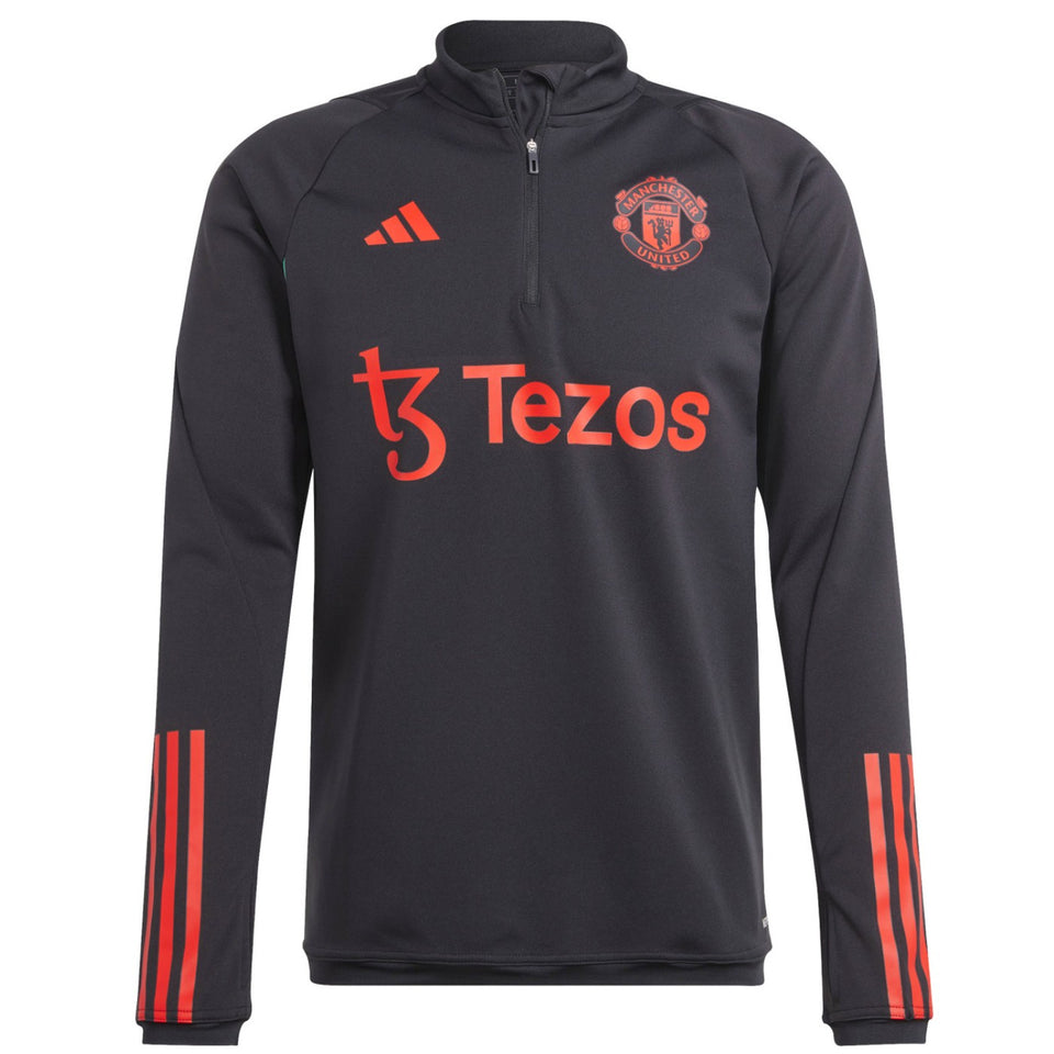 Manchester United black training tracksuit 2023 with quarter zip and red accents for team support