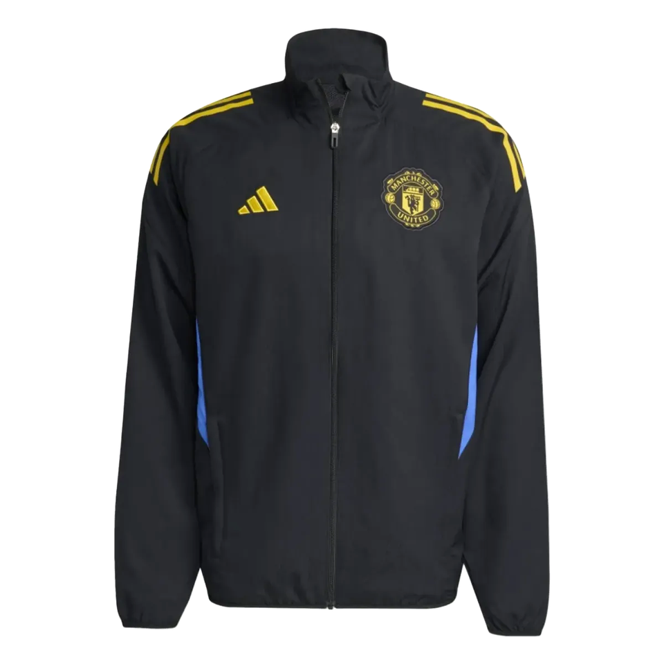 Manchester United black UCL tracksuit 2025 featuring yellow and blue accents for fans and athletes