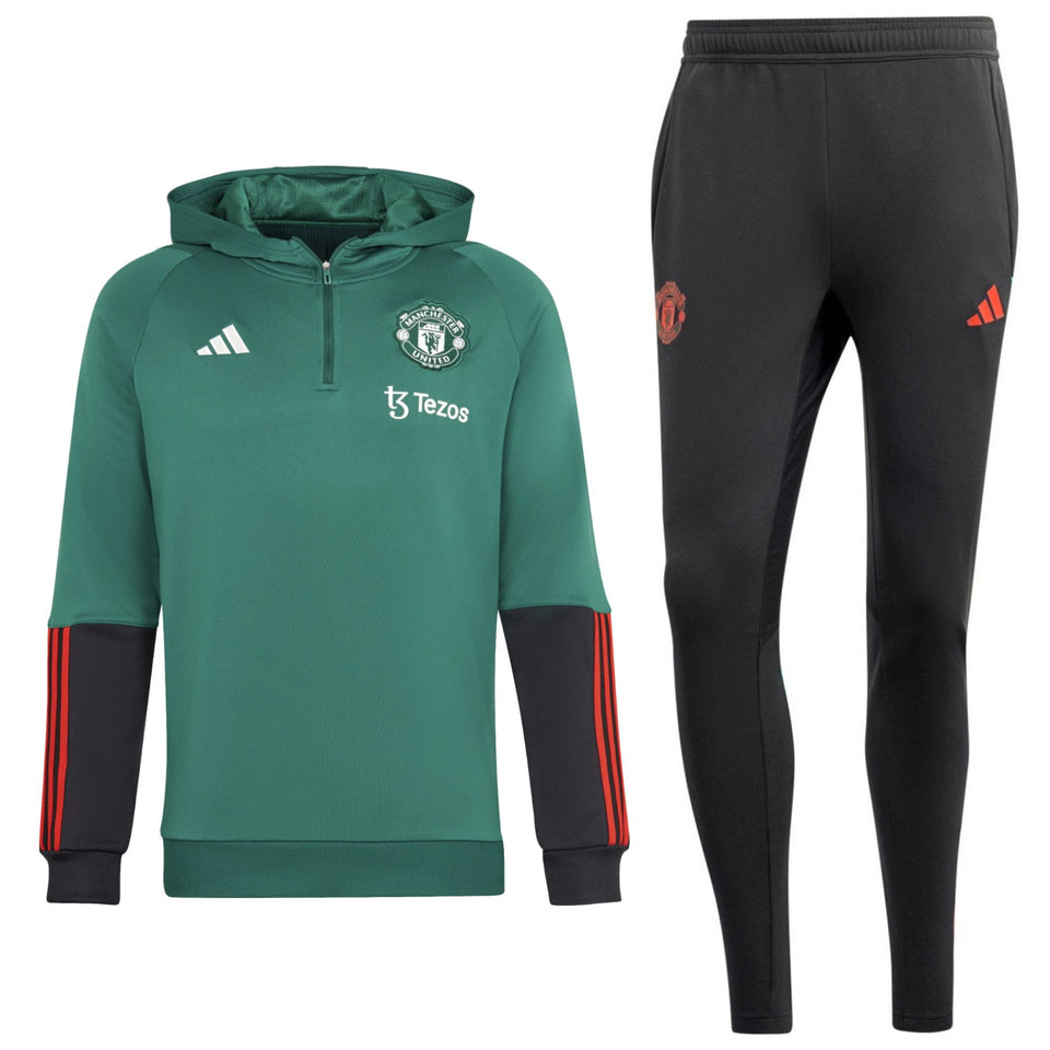 Manchester United hooded tracksuit 2024 with a green top and black bottoms for soccer fans