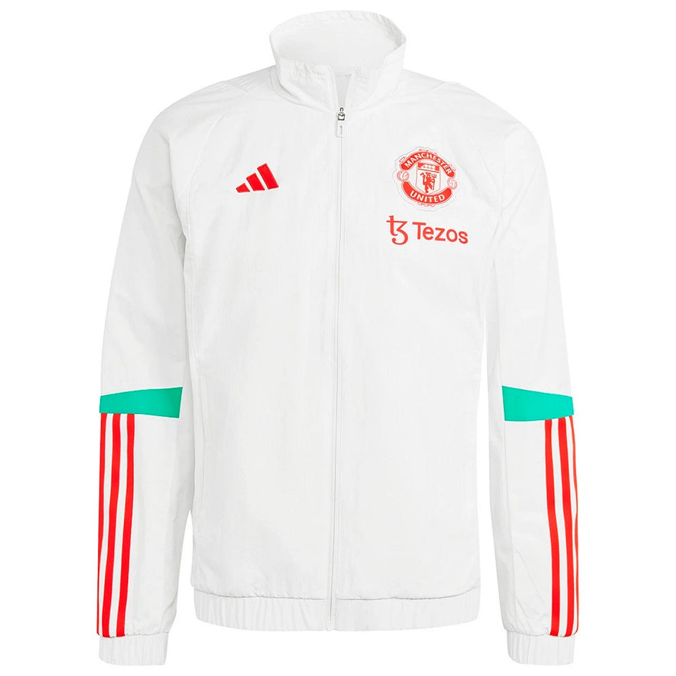 White Manchester United presentation tracksuit 2023 with red accents and Adidas logo