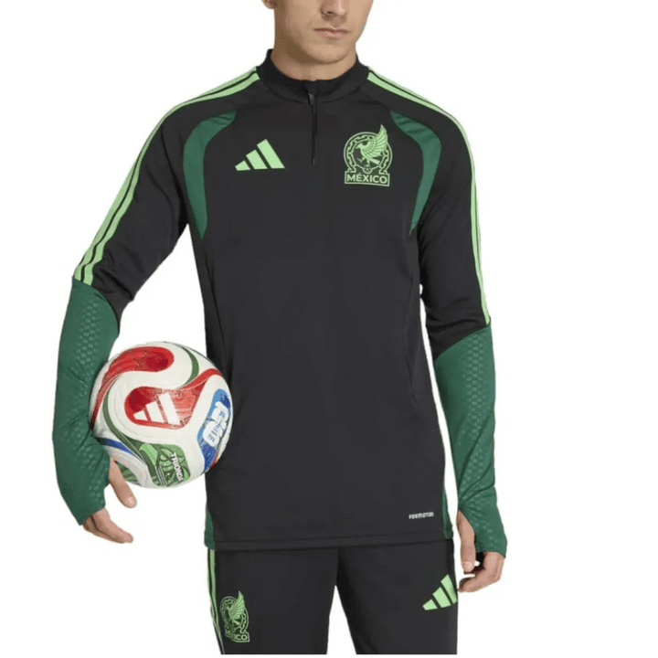 Mexico black training technical soccer tracksuit 2026/27 by Adidas with green accents and fitted design.