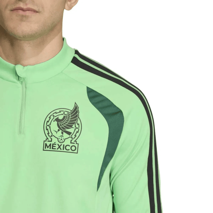 Mexico training technical soccer tracksuit in green with logo by Adidas for adults, featuring a zip collar and stripes.