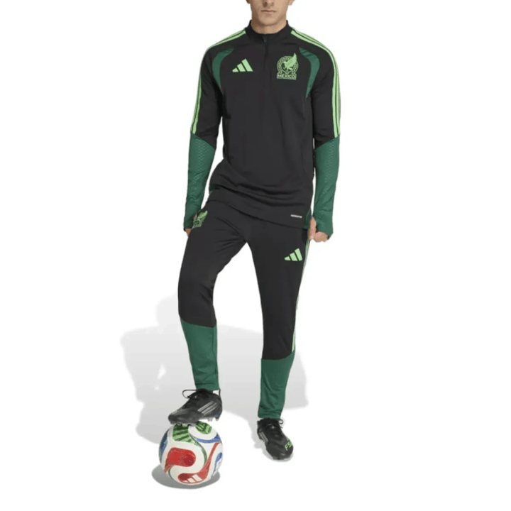 Authentic Mexico black soccer tracksuit set by Adidas with green accents for training and performance.