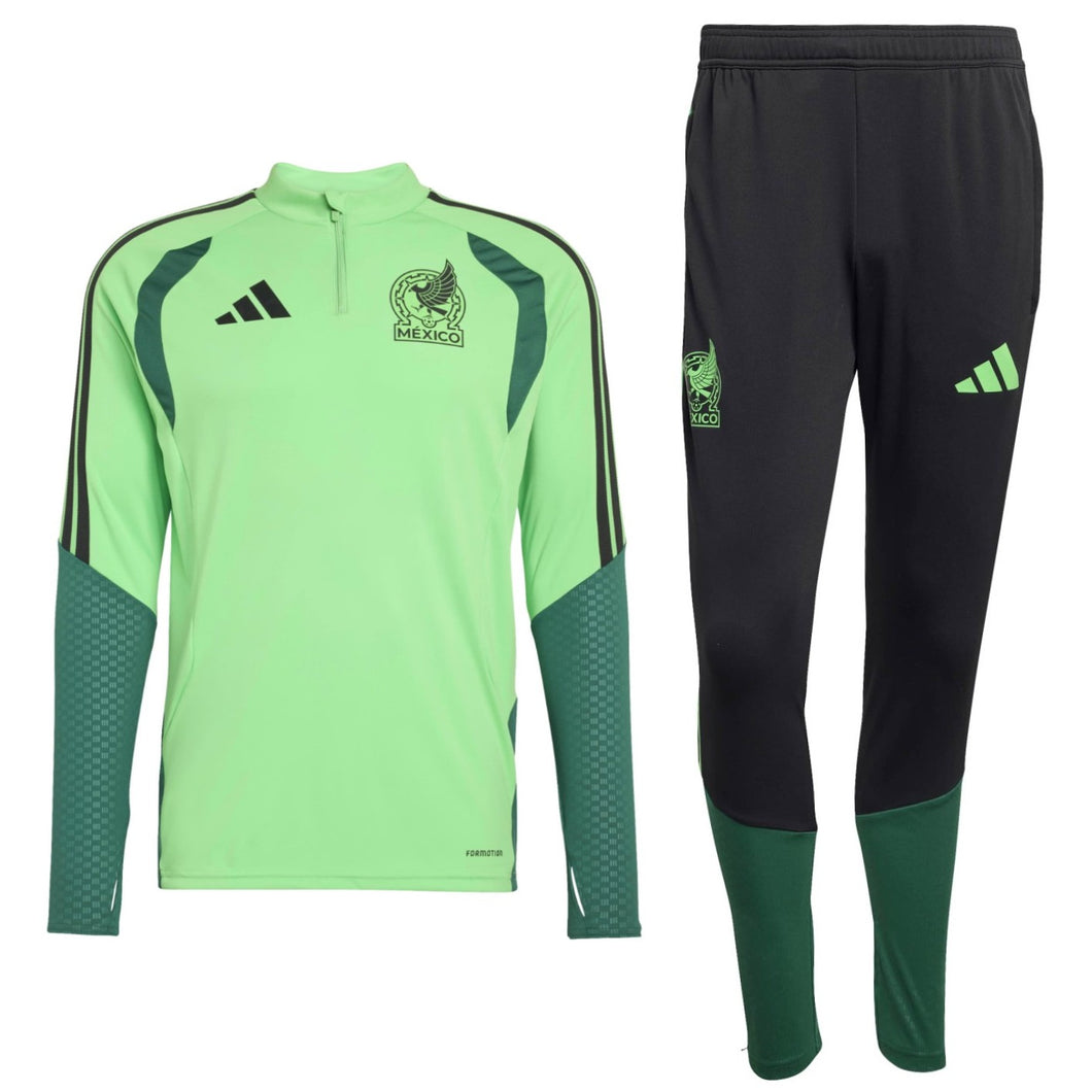 Mexico training tracksuit 2026 featuring a green jersey and black pants for soccer enthusiasts