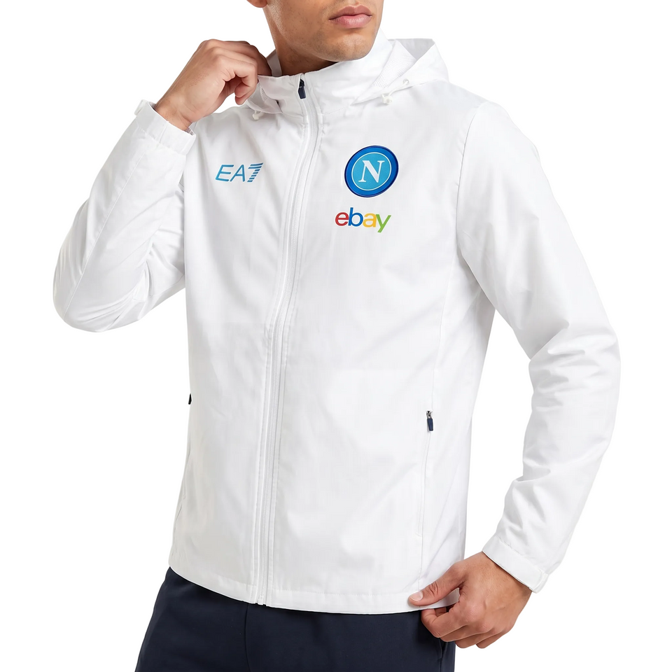 White Napoli EA7 jacket with logos on a white background