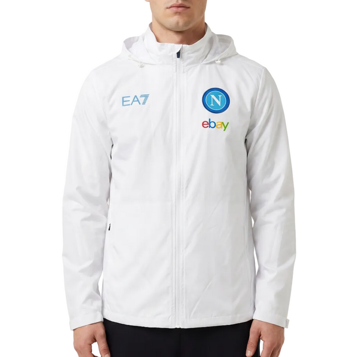 White EA7 x SSC Napoli rain jacket with logos on a white background