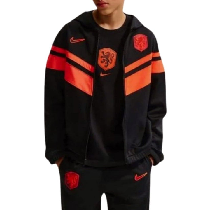 Kids Netherlands casual presentation soccer tracksuit set in black and orange by Soccer Tracksuits