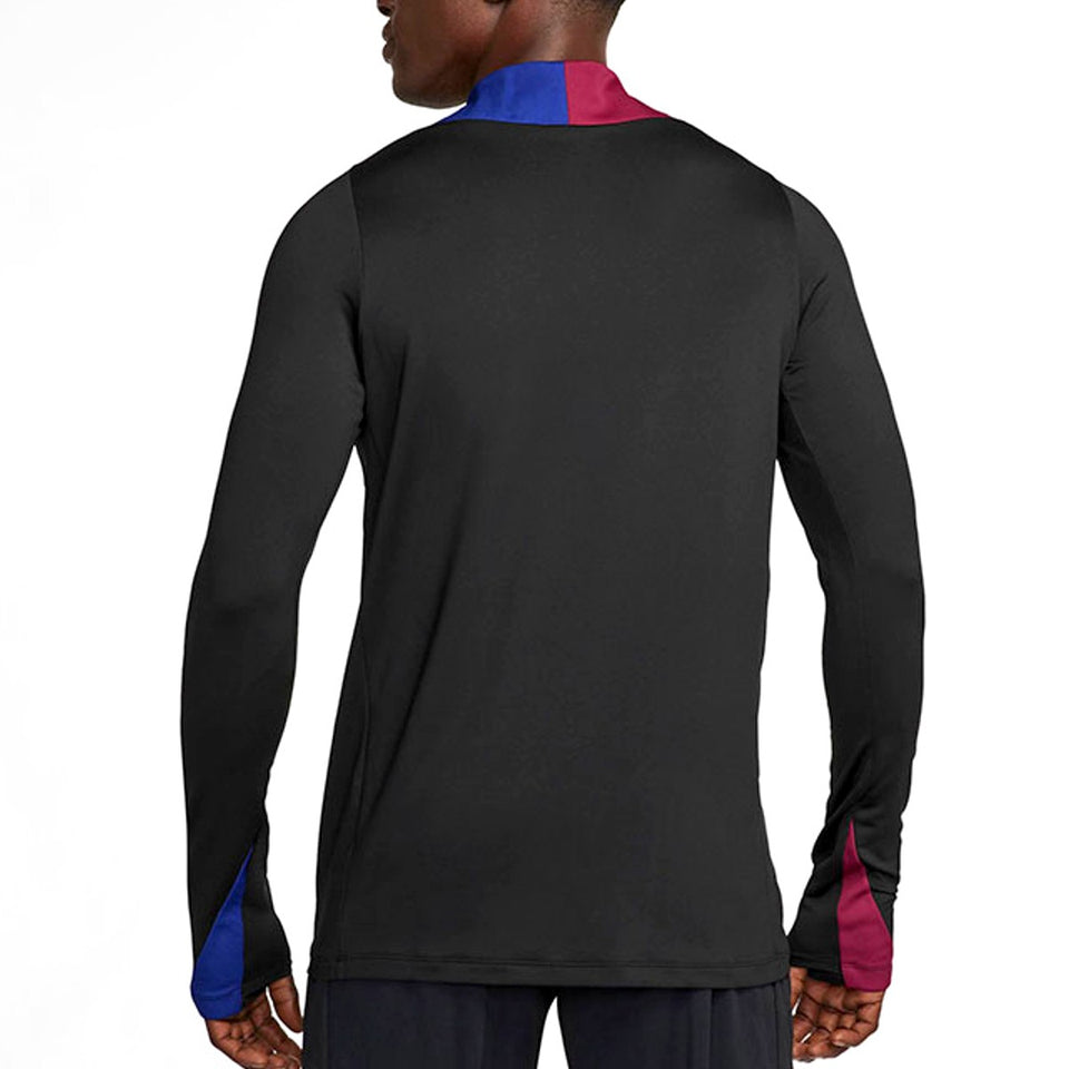 Back view of black Nike Barcelona training tracksuit top with blue and maroon accents on sleeves and collar