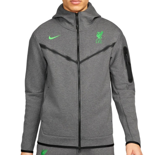 Buy Liverpool Nike fleece jacket online in gray with green logo and full zip closure on SoccerTracksuits.com