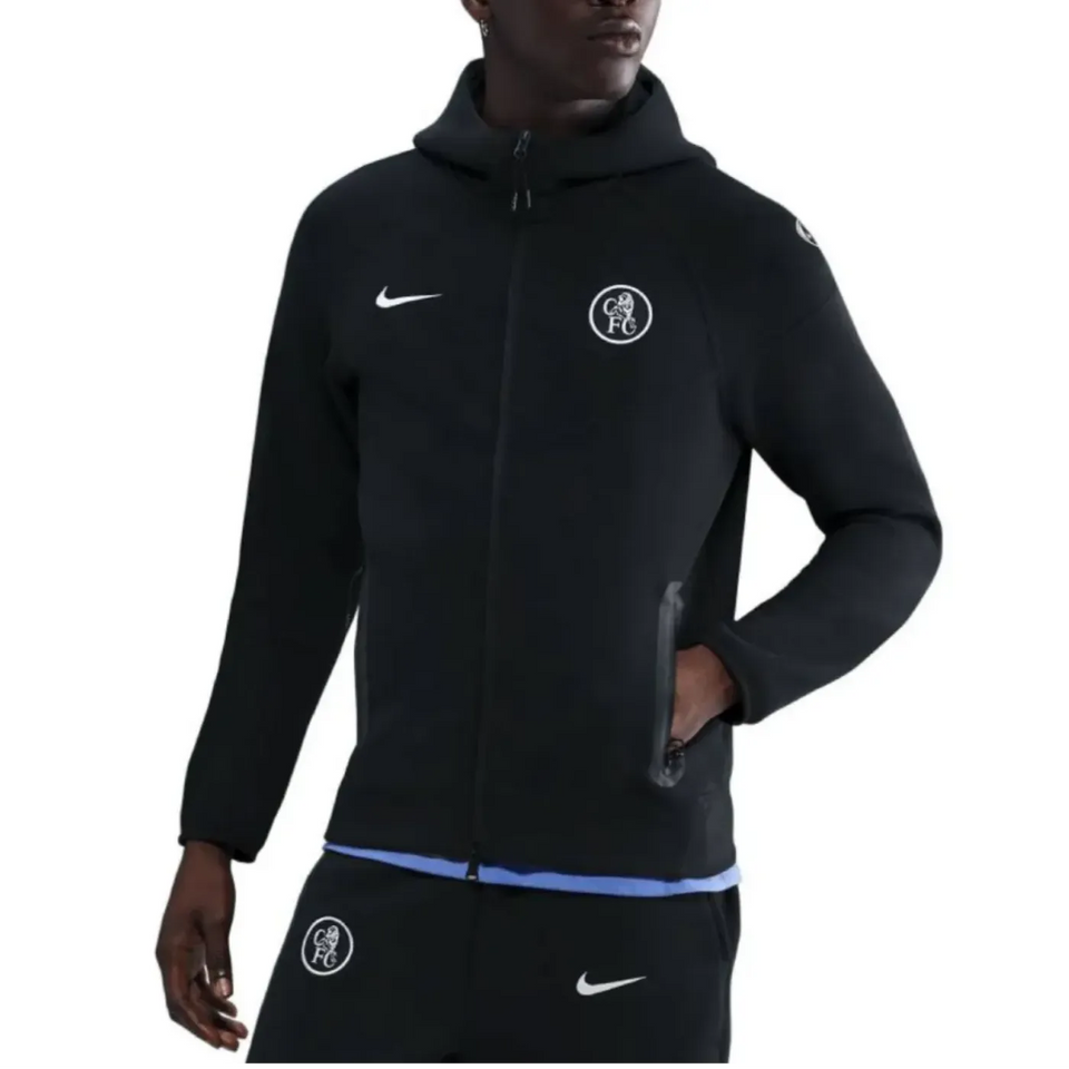 Nike Chelsea tech fleece tracksuit 2025 26 featuring a sleek black design and zip pockets