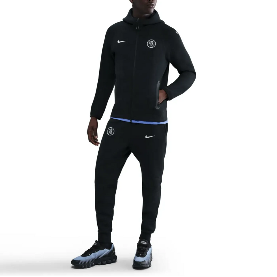 Nike Chelsea tech fleece tracksuit 2025 26 in black featuring a zip-up hoodie and matching pants on SoccerTracksuits.com