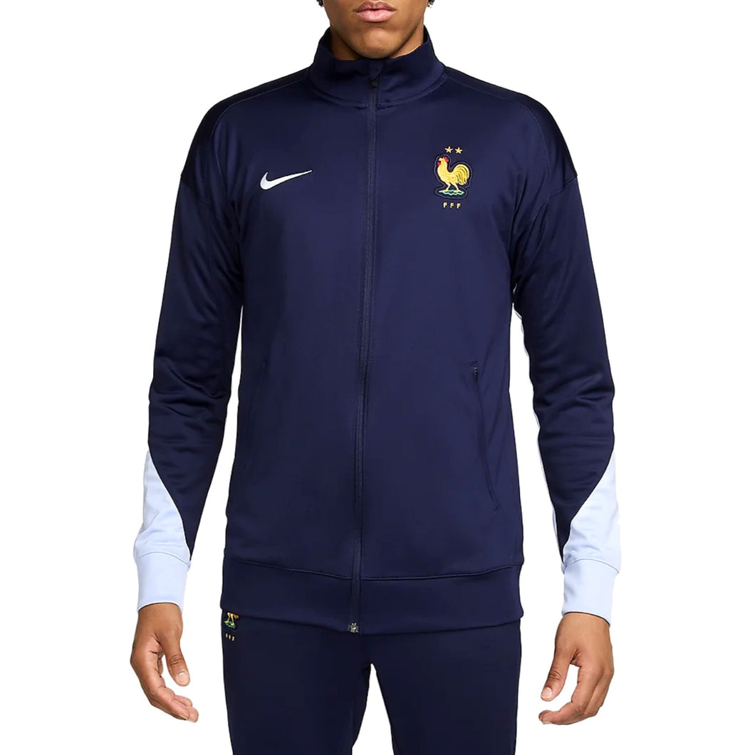 France soccer tracksuit 2024 navy blue full-zip jacket with rooster emblem and white sleeve accents