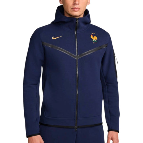 France tech fleece soccer jacket 2024 navy full zip hooded training jacket with Nike swoosh and French rooster crest