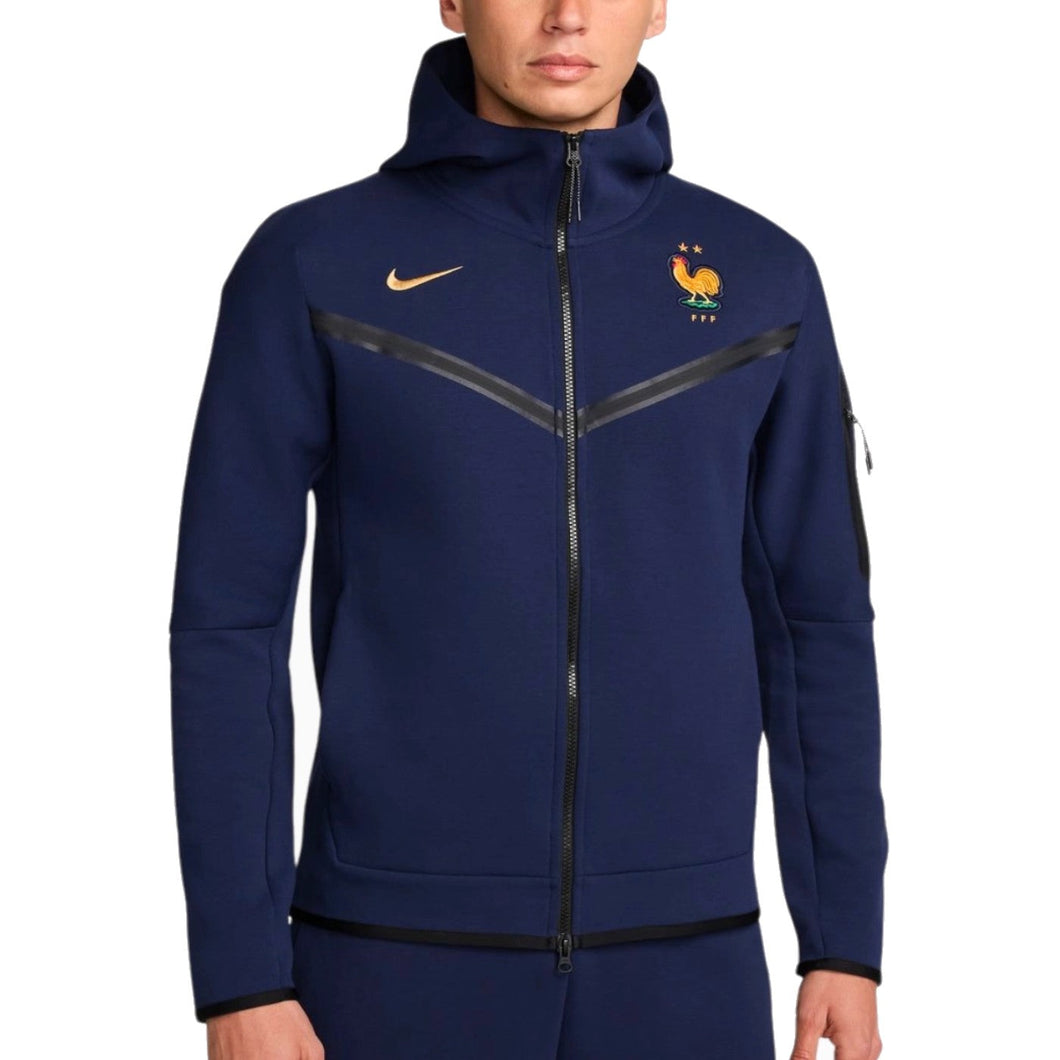 France tech fleece soccer jacket 2024 navy full zip hooded training jacket with Nike swoosh and French rooster crest
