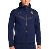 France tech fleece soccer jacket 2024 navy full zip hooded training jacket with Nike swoosh and French rooster crest