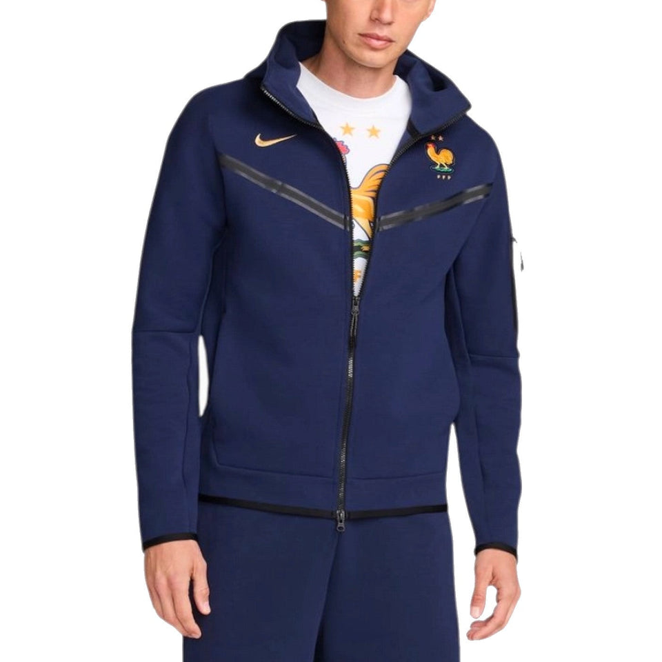 Mens navy hooded France tech fleece soccer jacket 2024 with full zip embroidered rooster crest and Nike logo