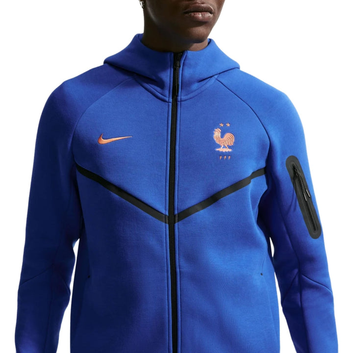 Nike France Tech Fleece 2026/27 presentation soccer tracksuit in blue with official team logo and zippered pocket