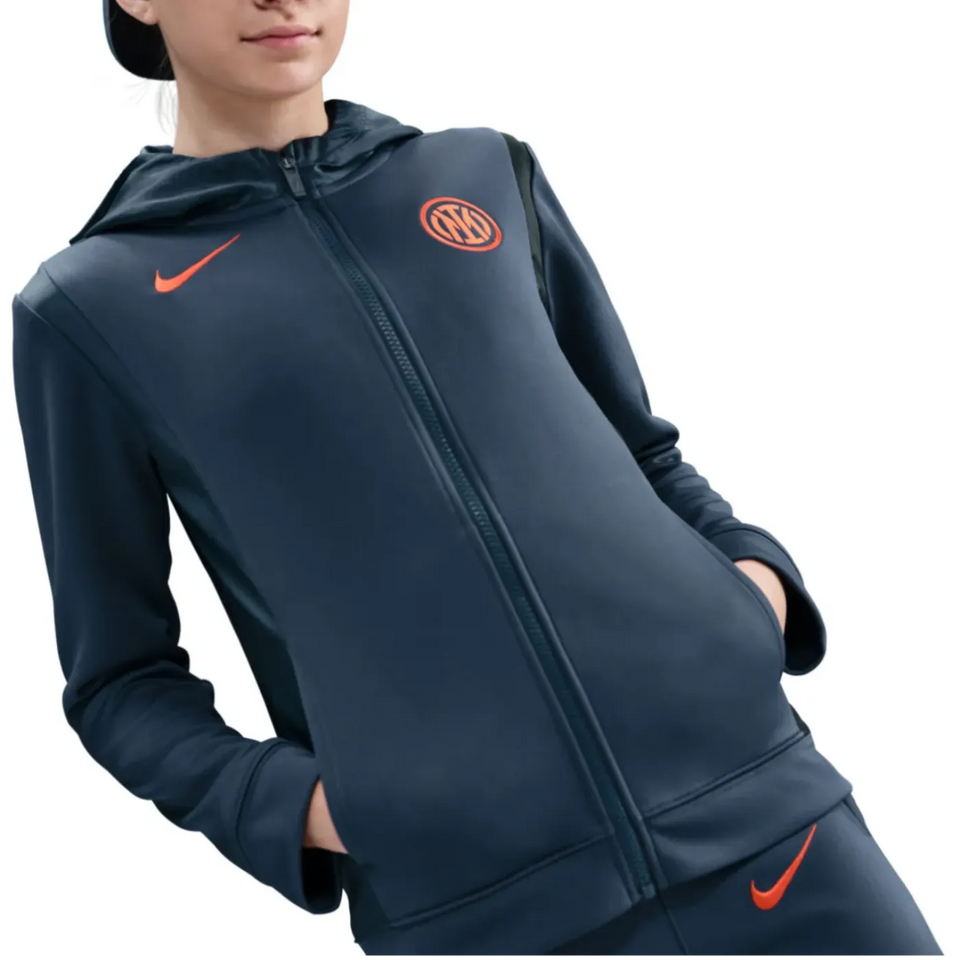Nike Inter Milan kids tracksuit 2025 26 in dark blue with logo and hood for young soccer fans