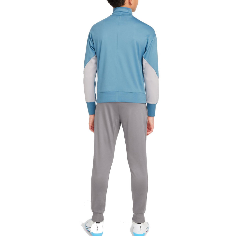 Back view of kids Atletico Madrid tracksuit with blue jacket and gray pants for Soccer Tracksuits