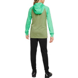 Back view of a kid wearing kids Atletico Madrid tracksuit with green hooded top and black pants