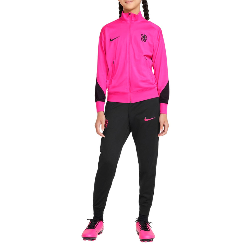 Kids Chelsea FC training tracksuit in pink and black with zip-up jacket and jogger pants
