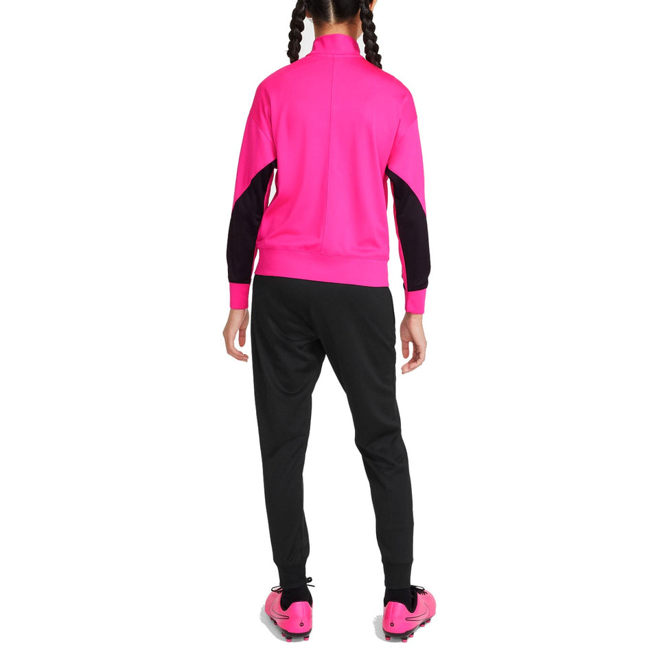 Back view of kids Chelsea FC training tracksuit featuring bright pink and black jacket with black pants