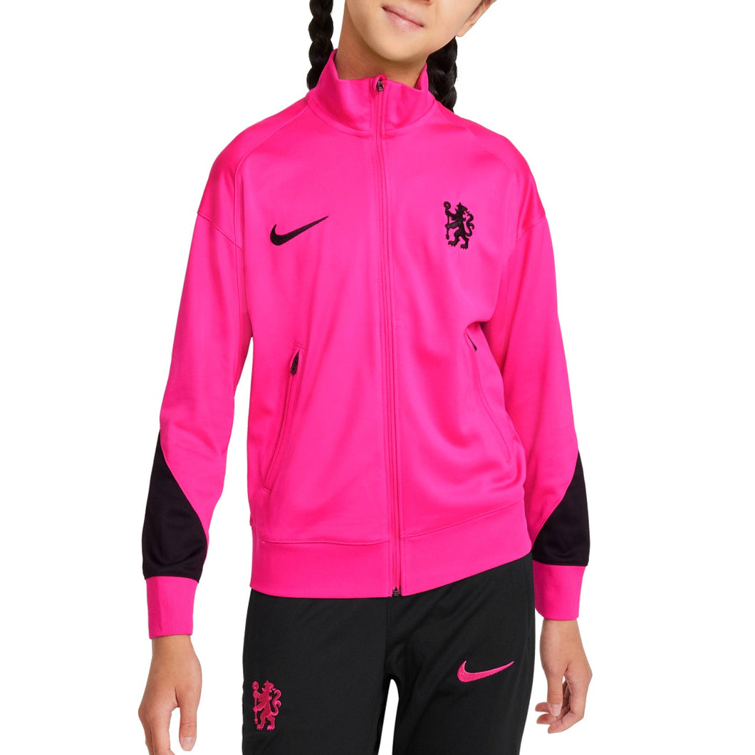 Kids Chelsea FC training tracksuit in bright pink with black accents and Nike logos